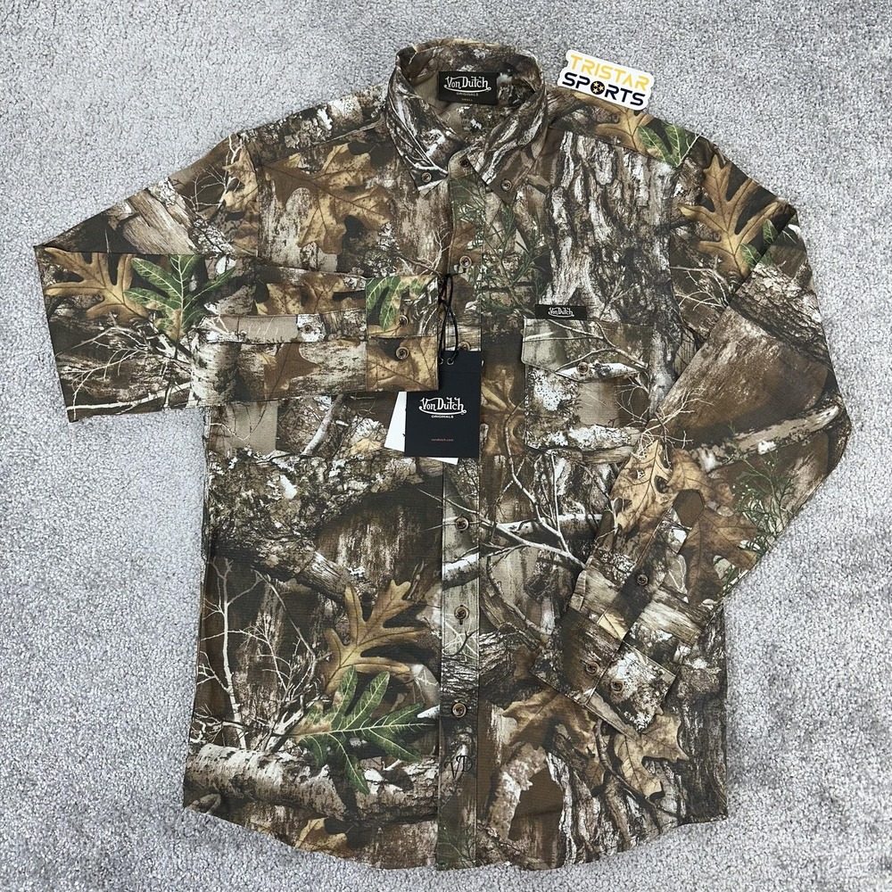 Von Dutch Shirt Mens Small Camo Long Sleeve Button Down Hunting Woodland Stretch